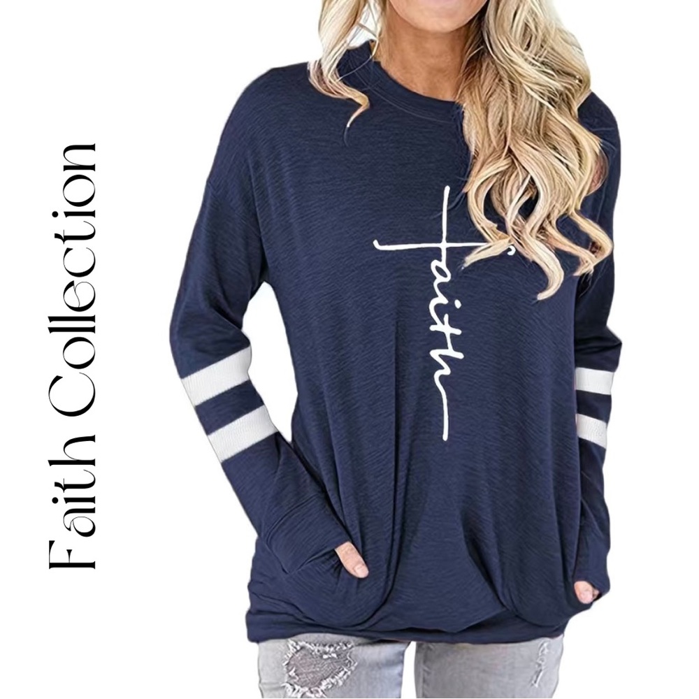 New “faith” long sleeve T-shirt | Navy Blue | Small (4) | Graphic T